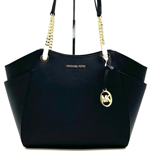 Michael Kors Jet Set Travel Large Chain Shoulder Tote Bag Black/Gold - Picture 2 of 12